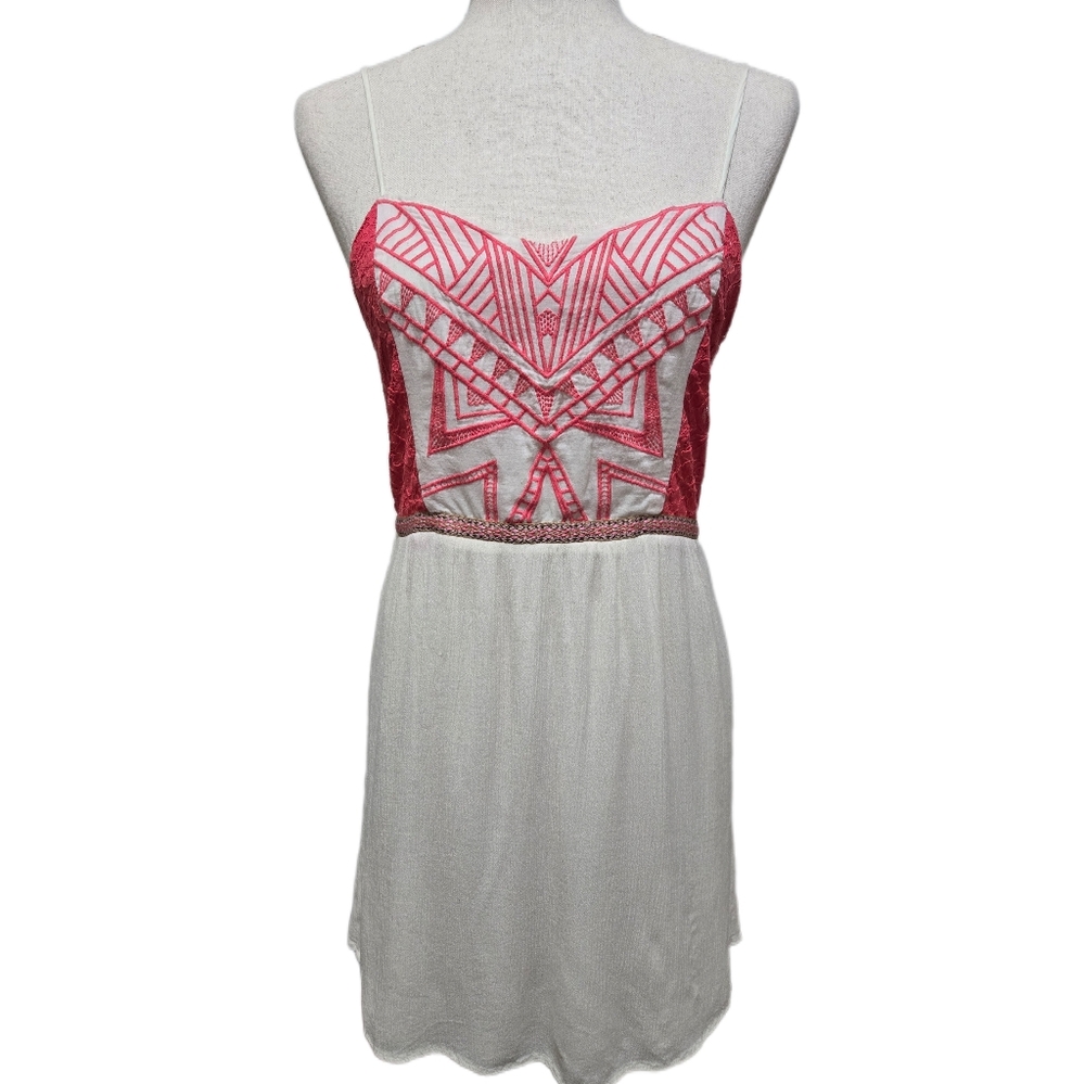 Flying Tomato White Boho Embroidered Mini Dress Pink Geometric Smocked Large